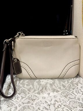 Coach Cream Leather Wristlet with Dark Brown Trim